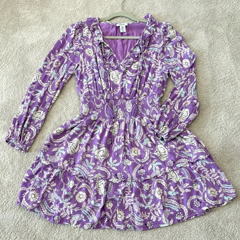 Haute Hippie Smocked Waist Long Sleeve Paisley Boho Purple Dress Sz M Lined
